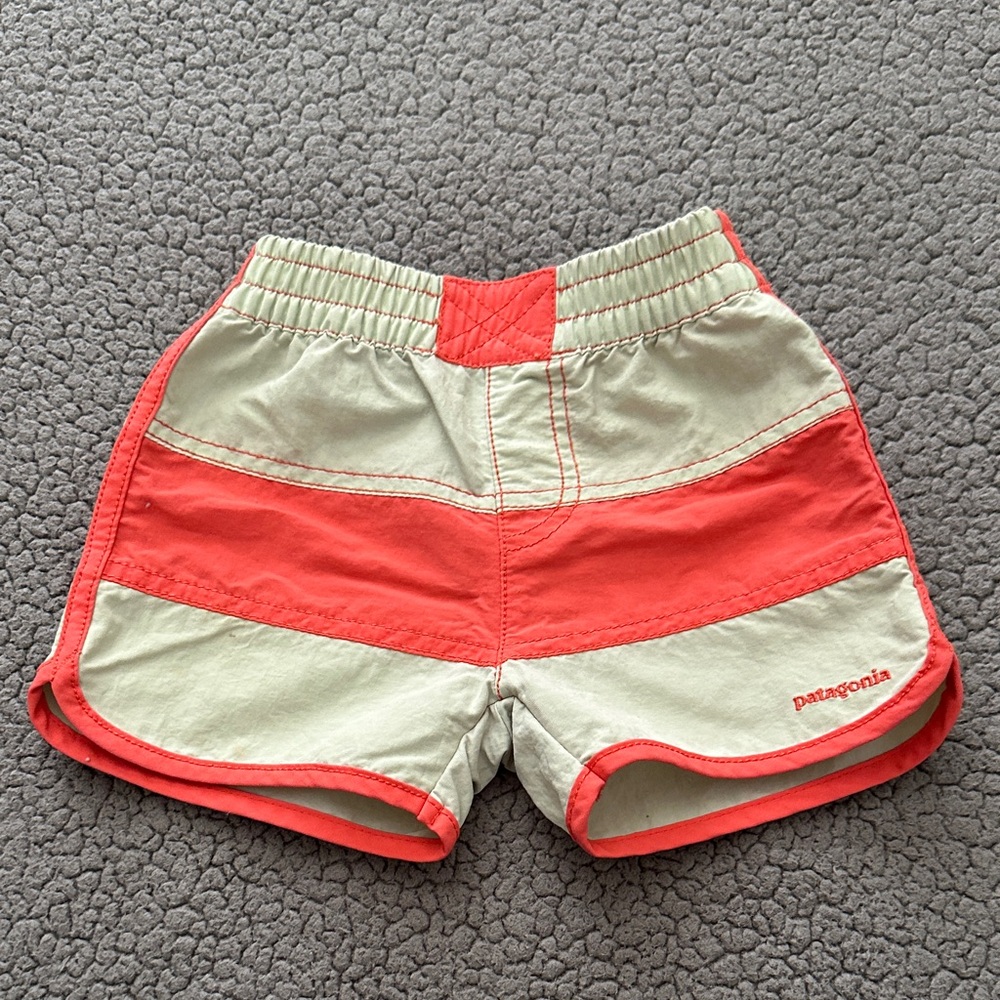 Patagonia Girls Coral & Light Olive Colorblock Athletic Shorts